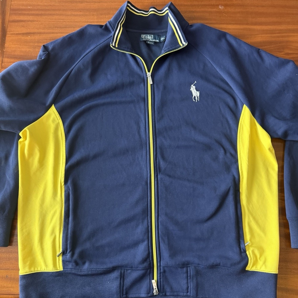 Polo Ralph Lauren Full Zip Jacket Men XXL‎ Navy Yellow Golf Athletic Logo Preppy